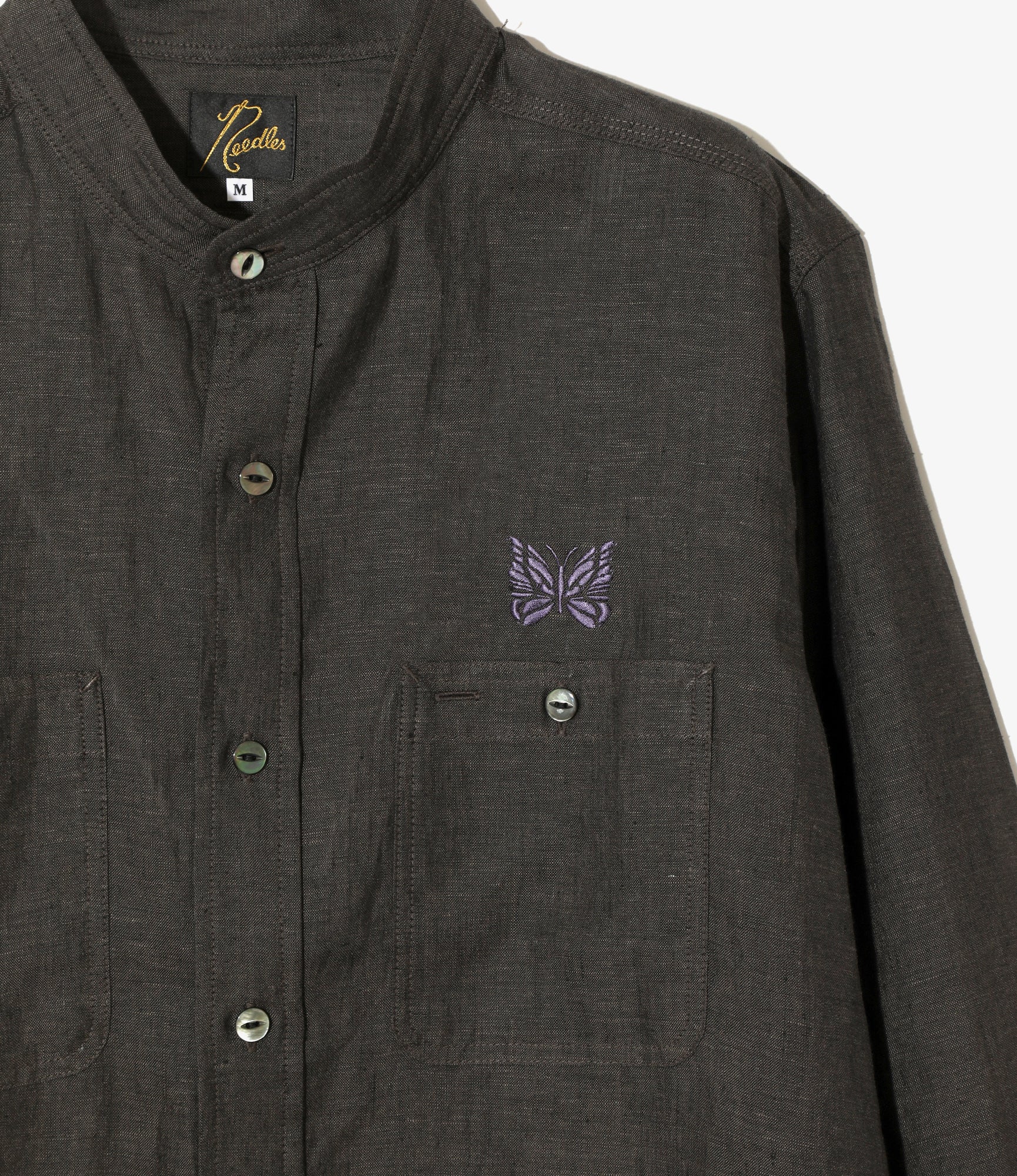 Banded Collar Work Shirt - Charcoal - Linen Chambray - Image 2