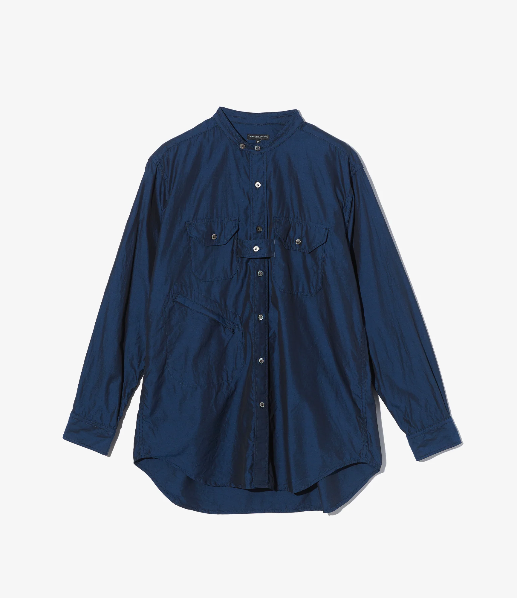 Banded Collar Shirt - Navy Cotton Iridescent Broadcloth