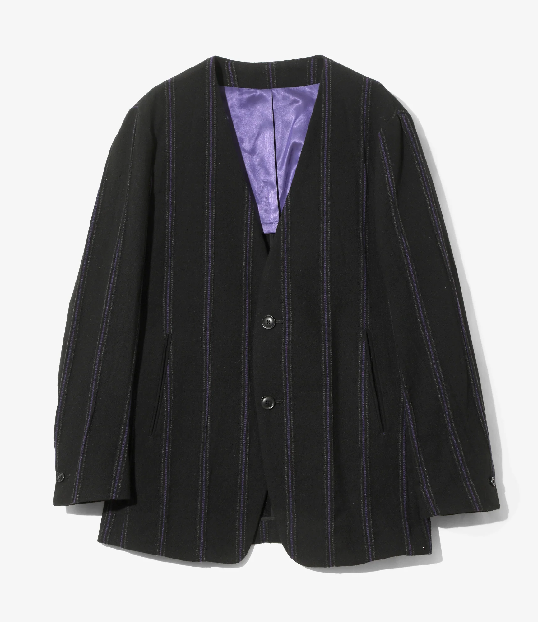 Women's Collarless Jacket - Black/Purple - Stripe Tweed
