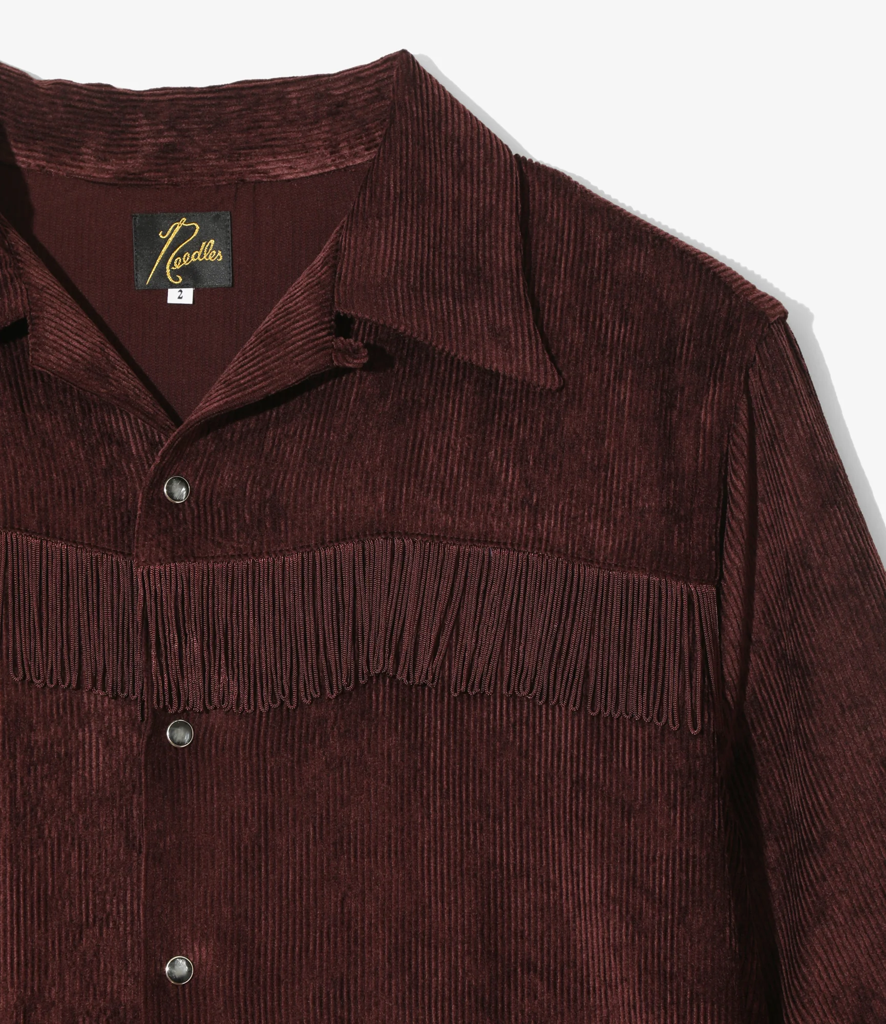 Women's Fringe Open Collar Shirt Dress - Burgundy - Rayon Corduroy - Image 2