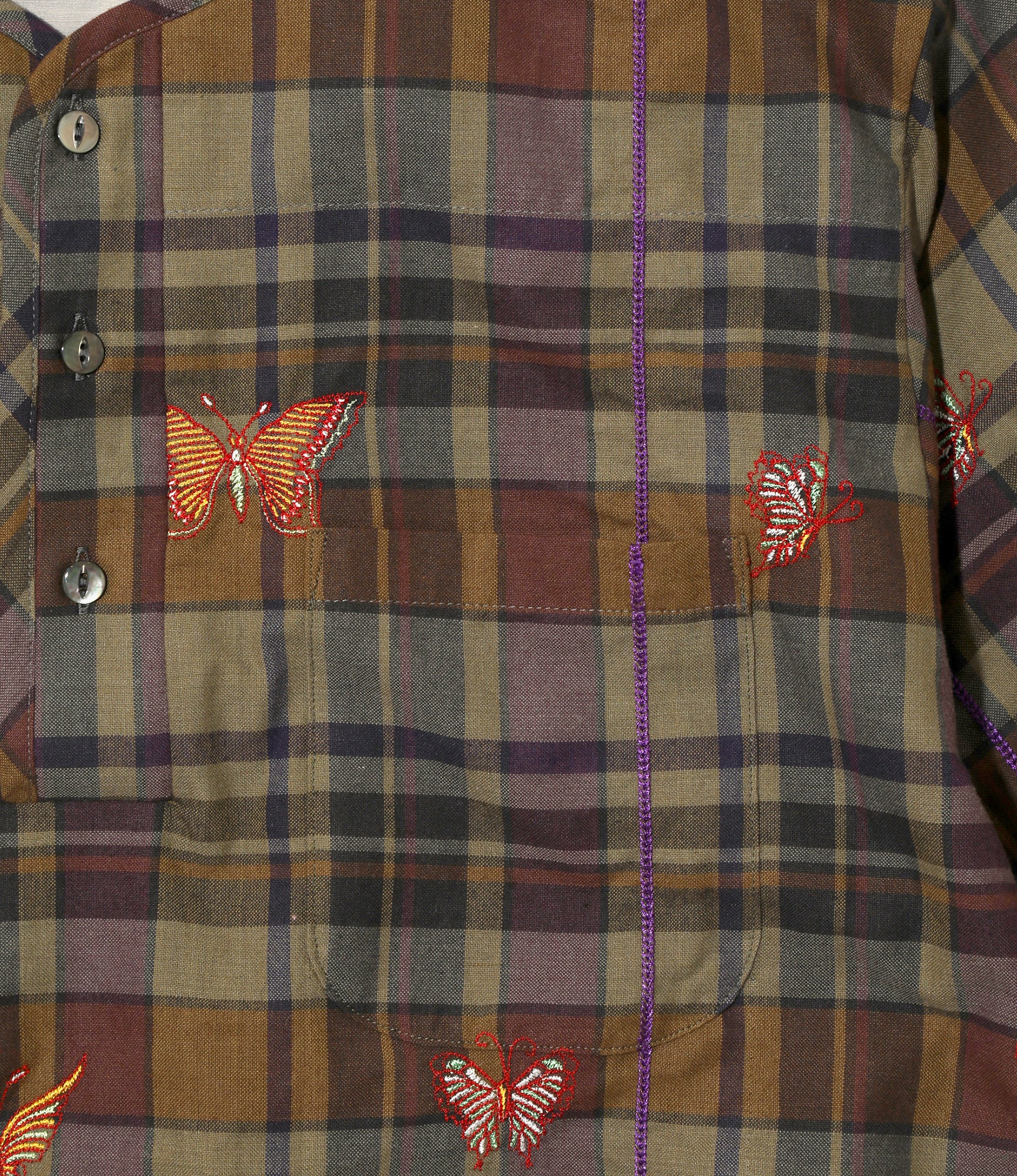 Women's S/S Henry Neck Shirt - Brown - Embroidered Madras Plaid - Image 2