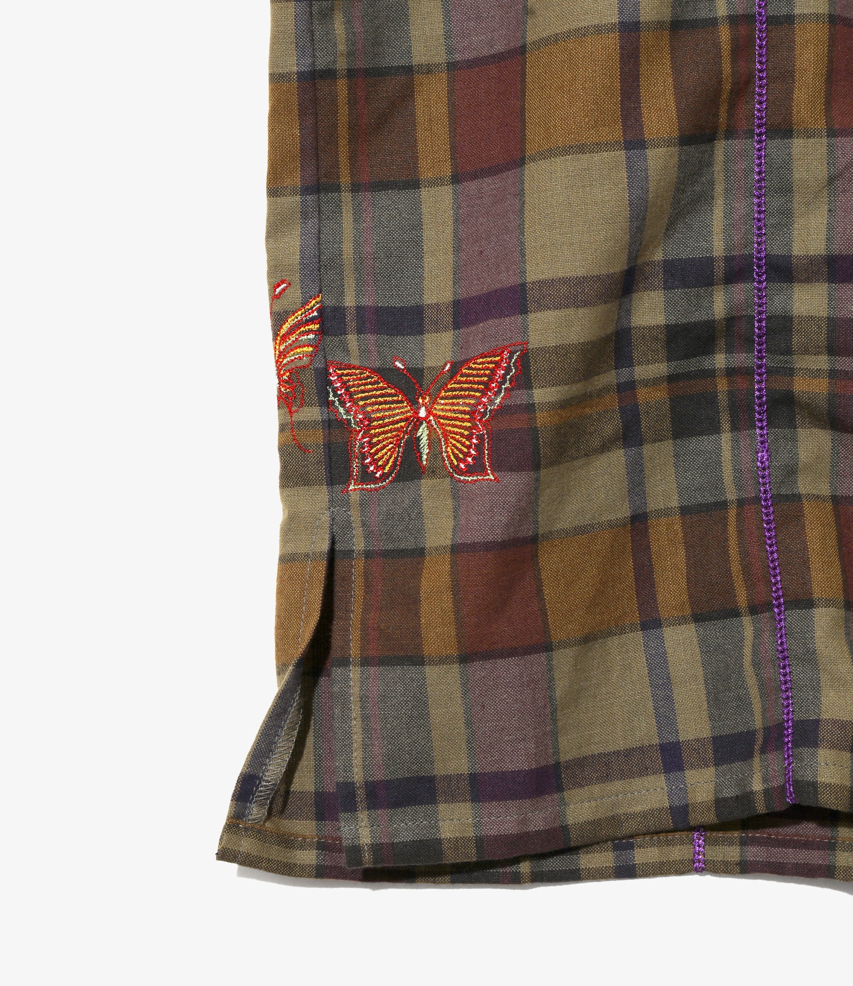 Women's S/S Henry Neck Shirt - Brown - Embroidered Madras Plaid - Image 3