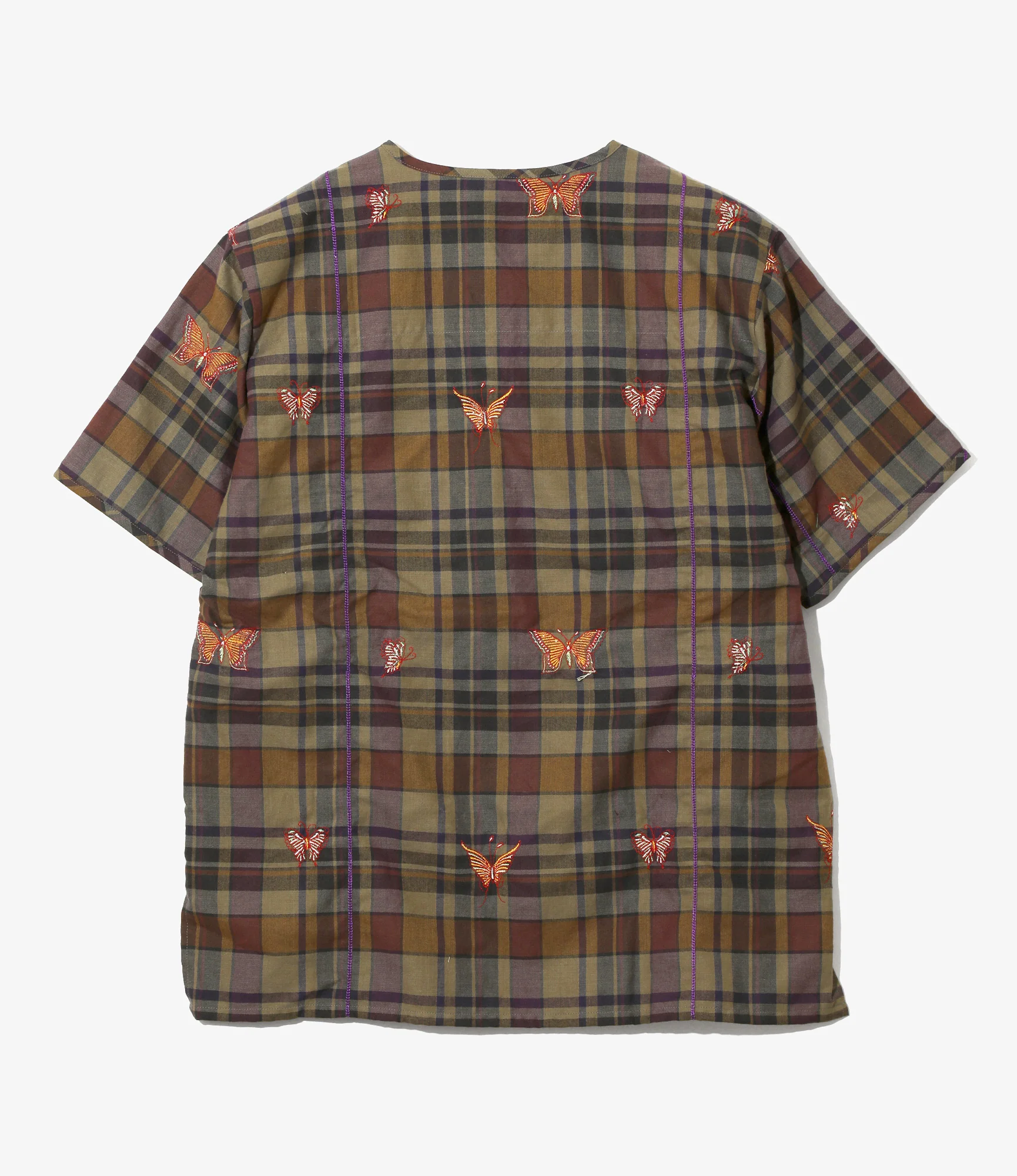 Women's S/S Henry Neck Shirt - Brown - Embroidered Madras Plaid - Image 4