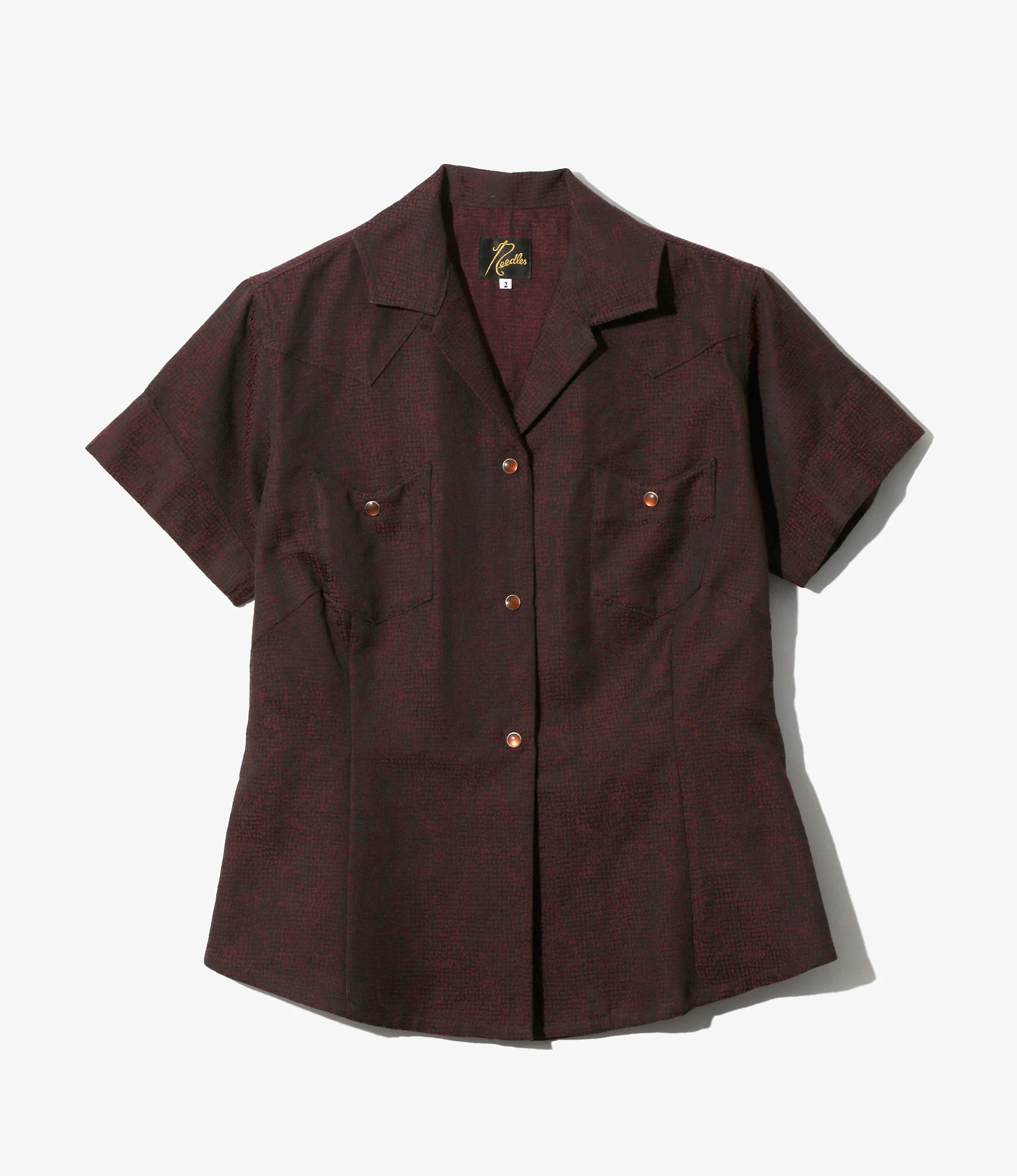 Women's S/S Western Blouse - Burgundy - Micro Shadow Plaid