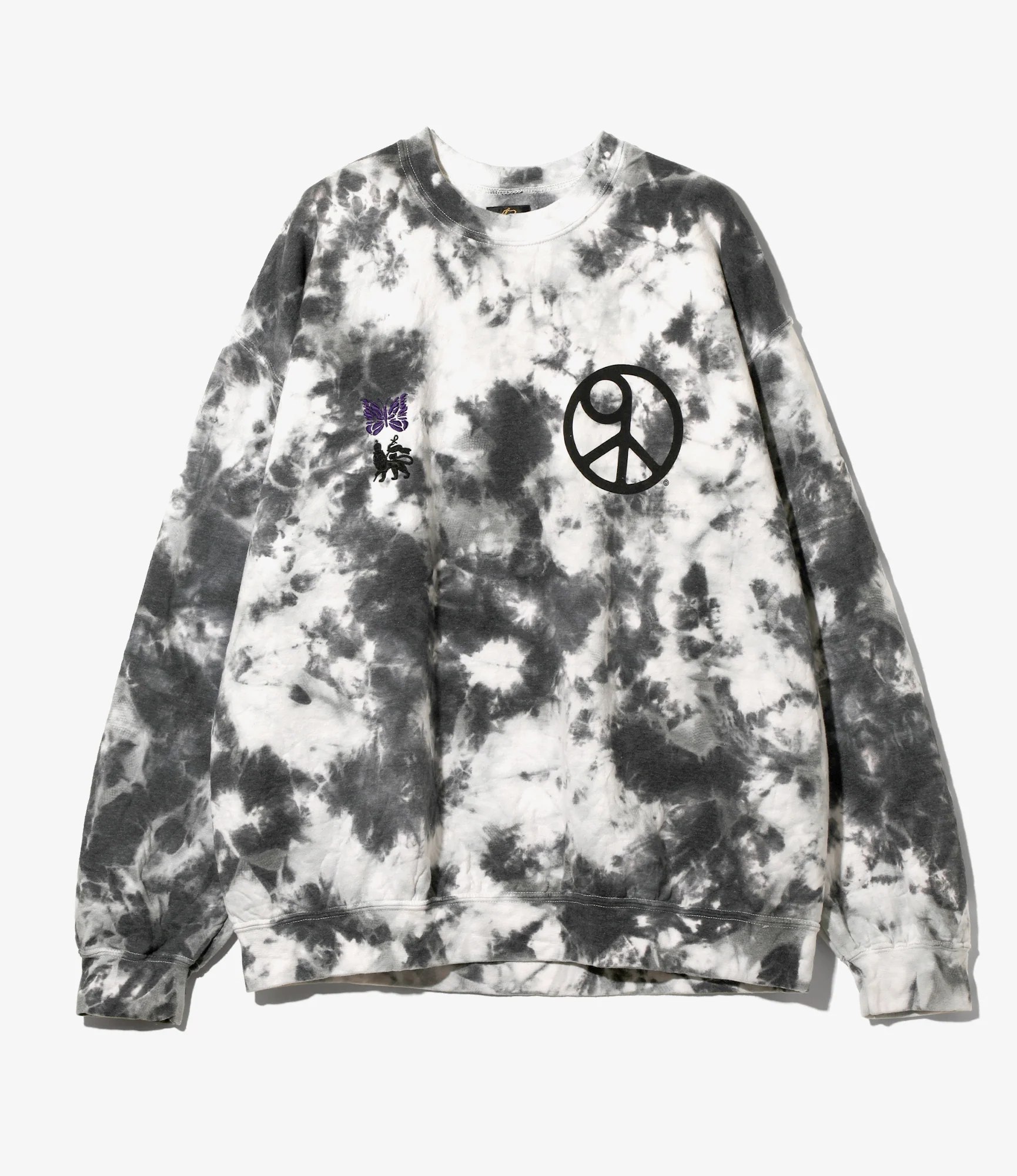Needles x Sasquatch - Slowgun Sweat Shirt - White x Black - Peace to World / Tie Dye A