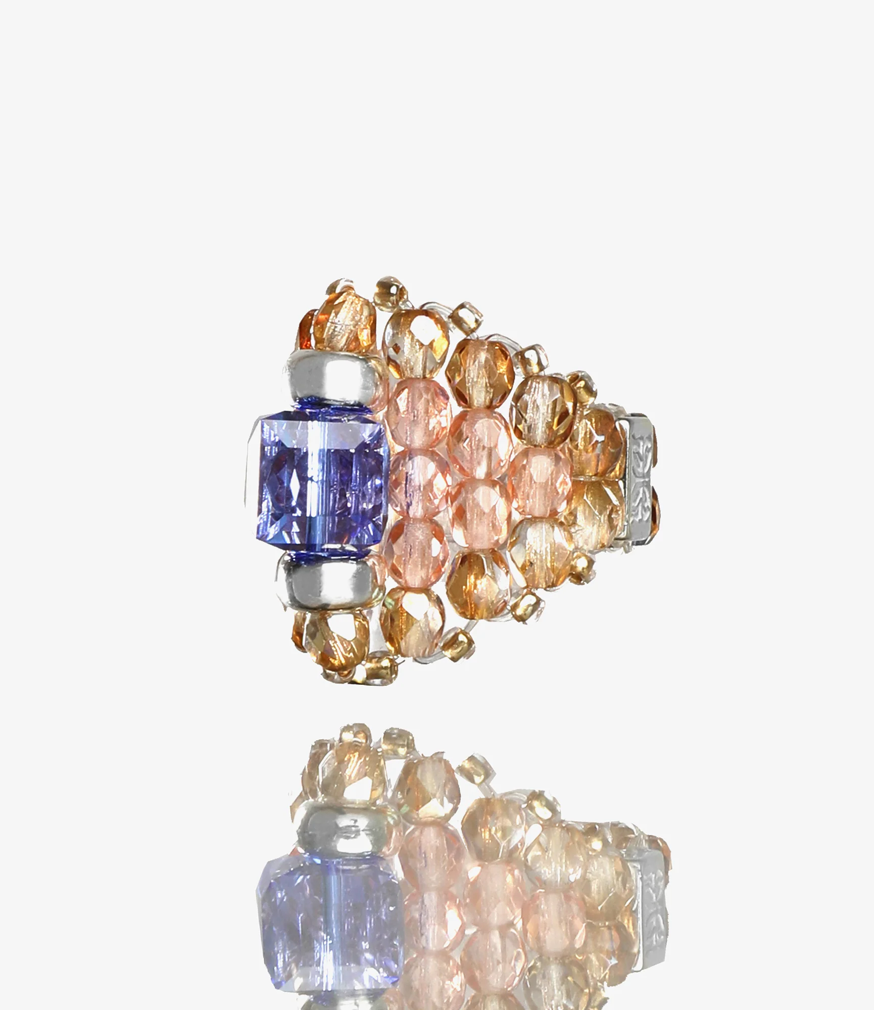 Needles x Tie A Knot - Square Crystal Beads Ring - Blue x Clear Beige