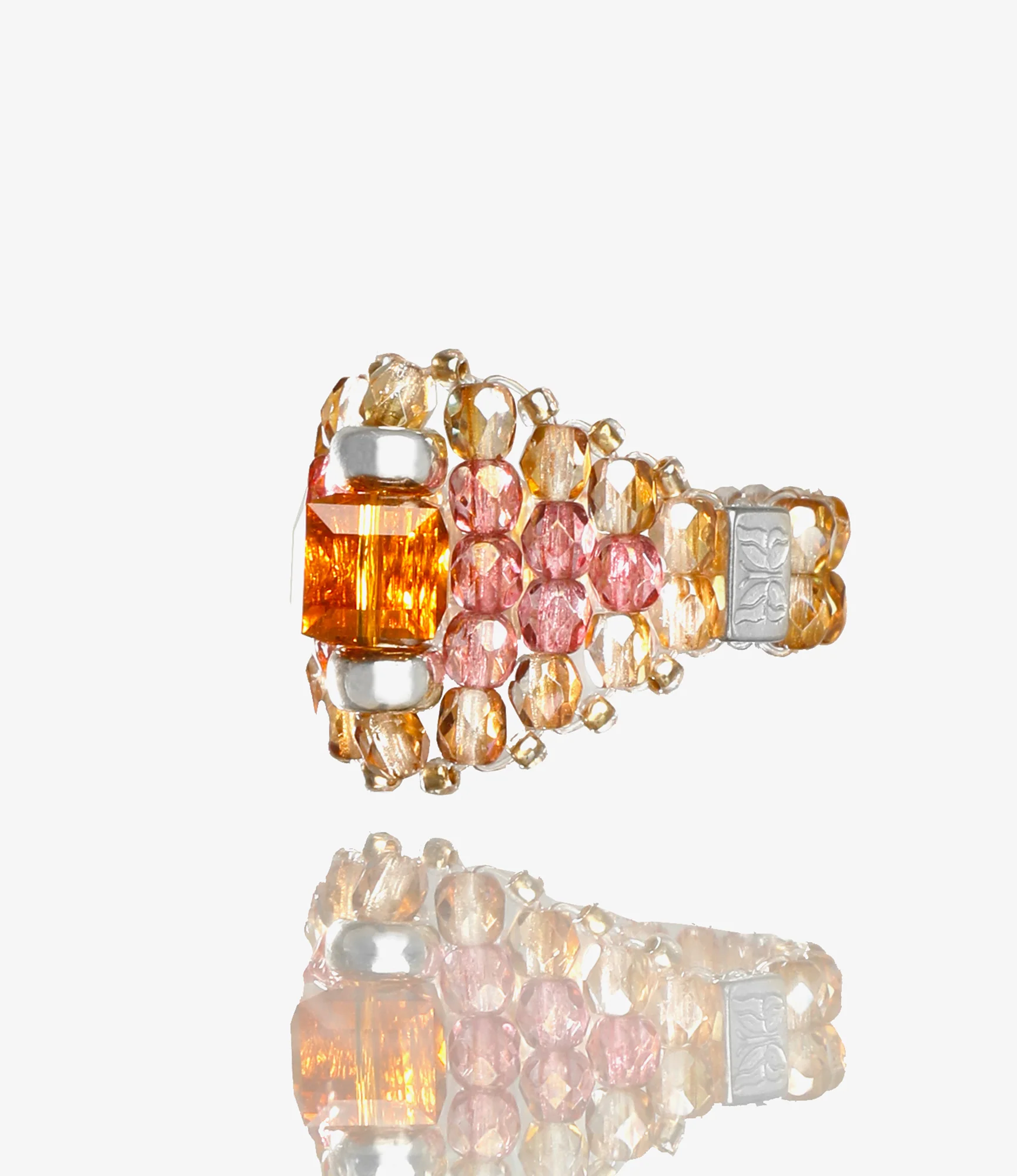 Needles x Tie A Knot - Square Crystal Beads Ring - Brown x Clear Beige