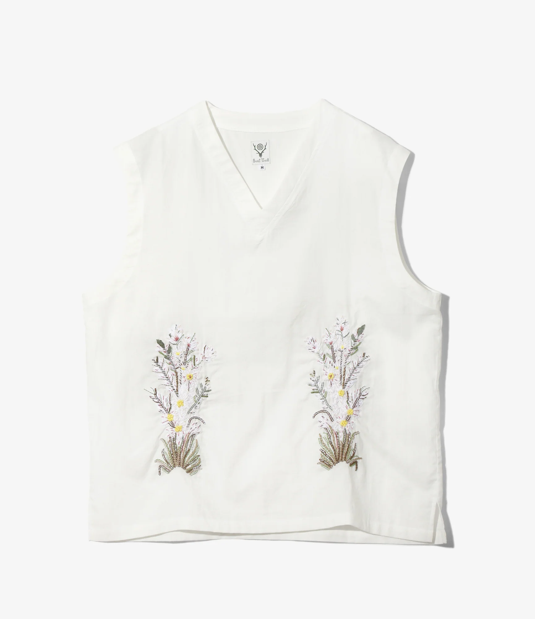Women's Sleeveless V Neck Shirt - White - Flower Embroidery